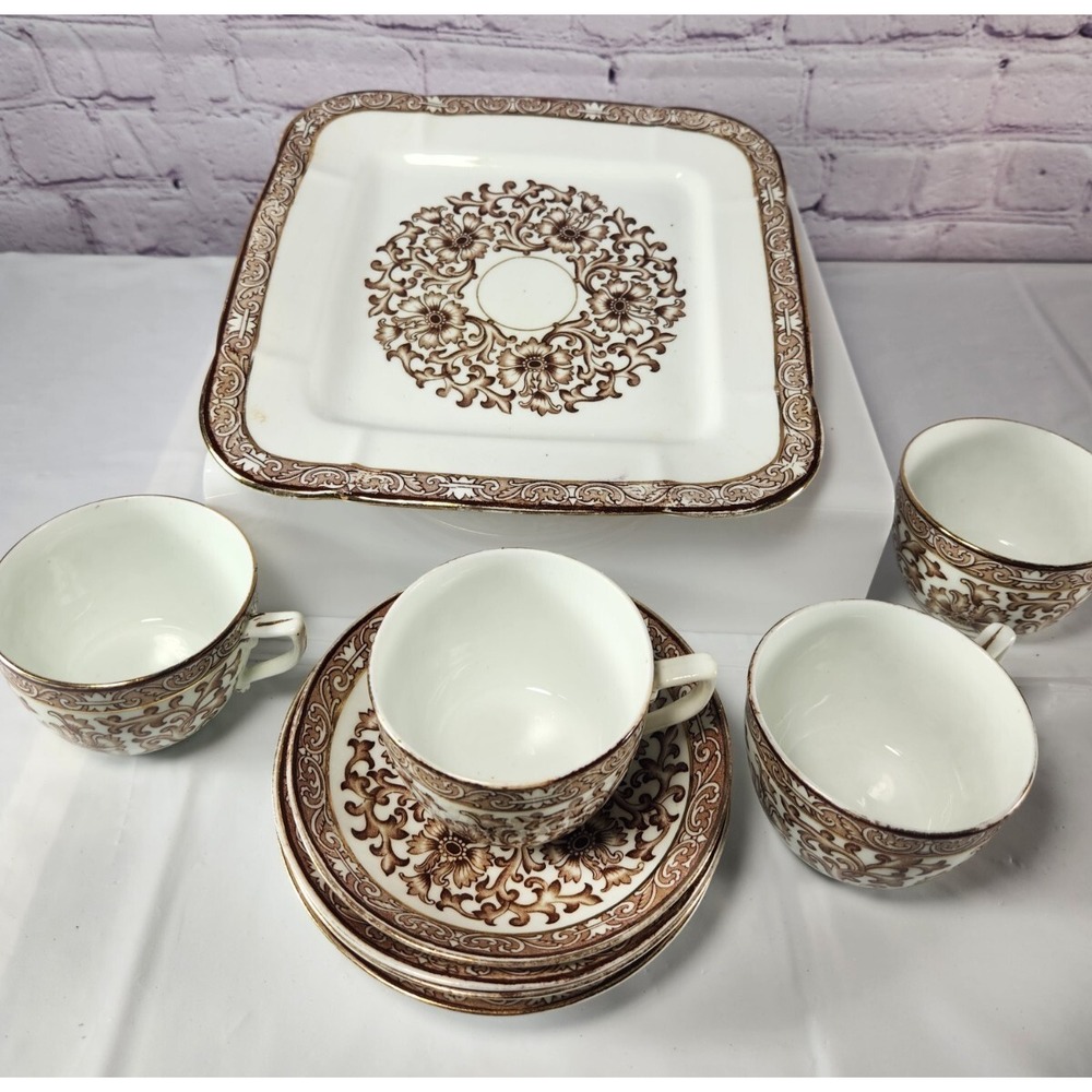Vintage‎ Set Of  9 - 4 Teacups & Saucers & Bread Plate England Beautiful Design